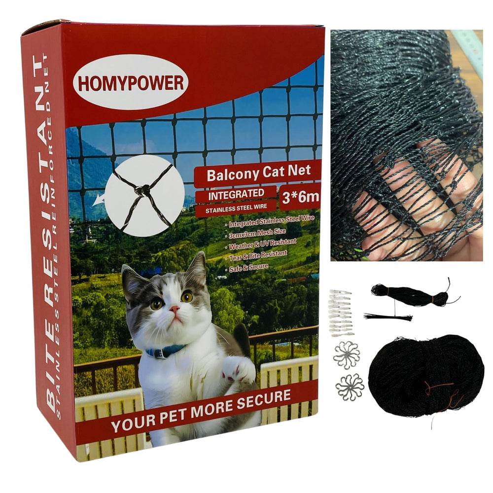HOMYPOWER cat netting balcony setup shows secure fence and clear outdoor view.