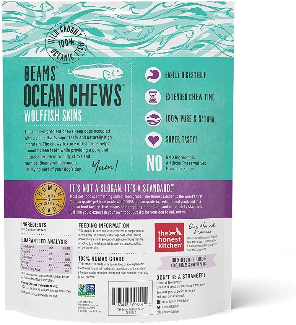 Close-up of Beams fish skin chews highlighting a chewy grain-free texture.
