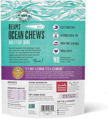 Close-up of Beams fish skin chews highlighting a chewy grain-free texture.