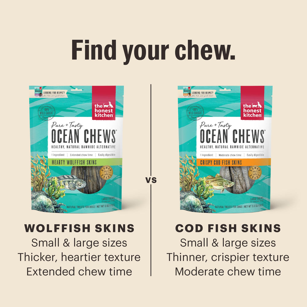 The Honest Kitchen Ocean Chews dehydrated treat closeup emphasizes grain-free, easy-to-digest nutrition.