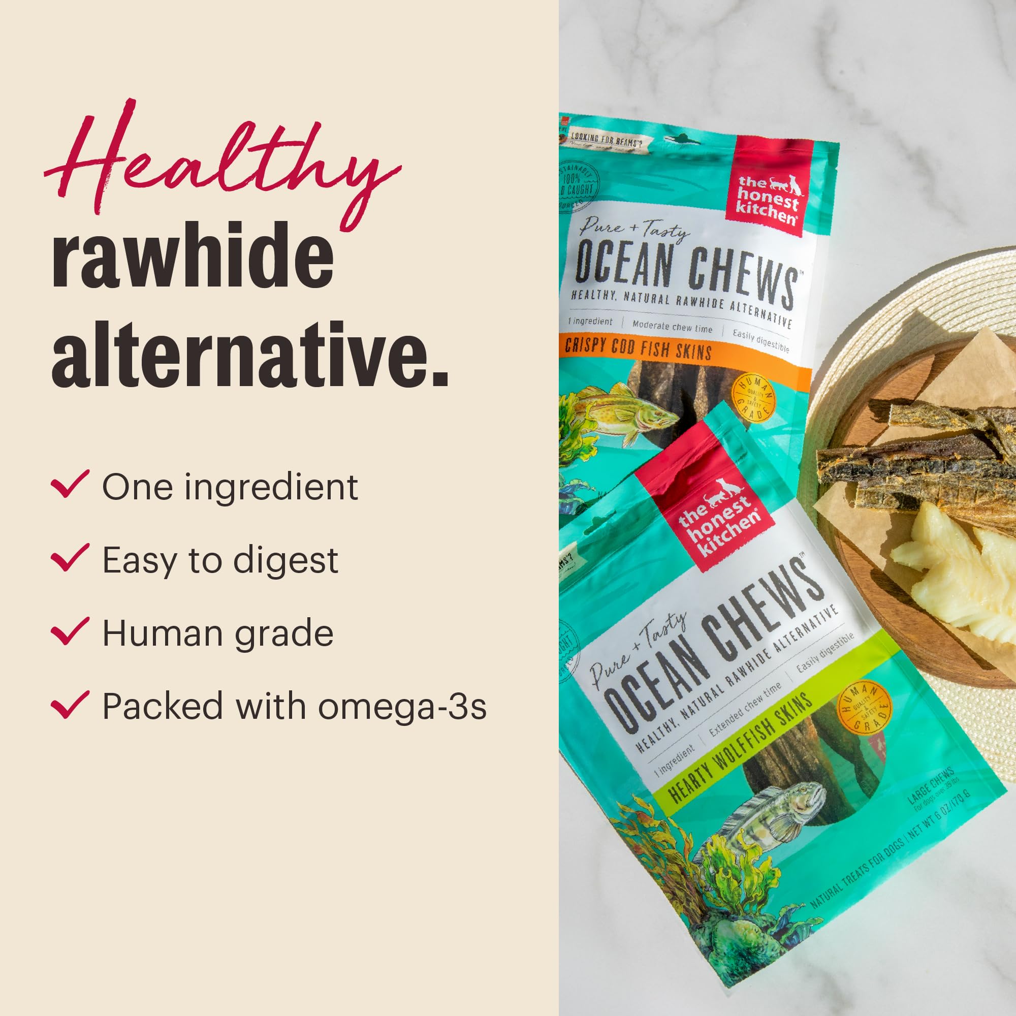 The Honest Kitchen Ocean Chews wild cod ingredients image suggests natural sourcing and quality ingredients.