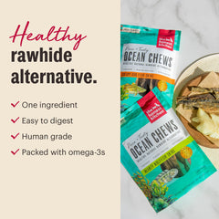 The Honest Kitchen Ocean Chews wild cod ingredients image suggests natural sourcing and quality ingredients.