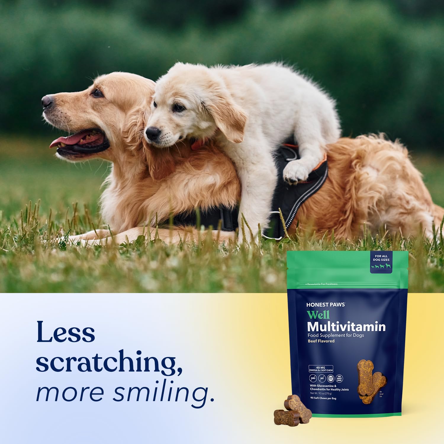 Honest Paws formula includes glucosamine-chondroitin blend for joint health.