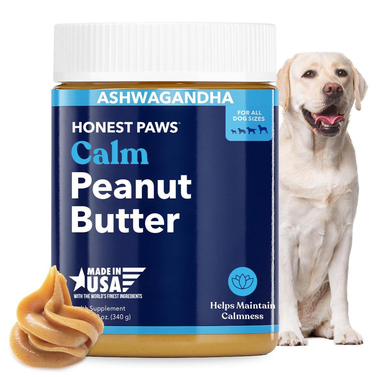 Honest Paws Calming Peanut Butter jar closeup highlighting natural relaxant for dogs.