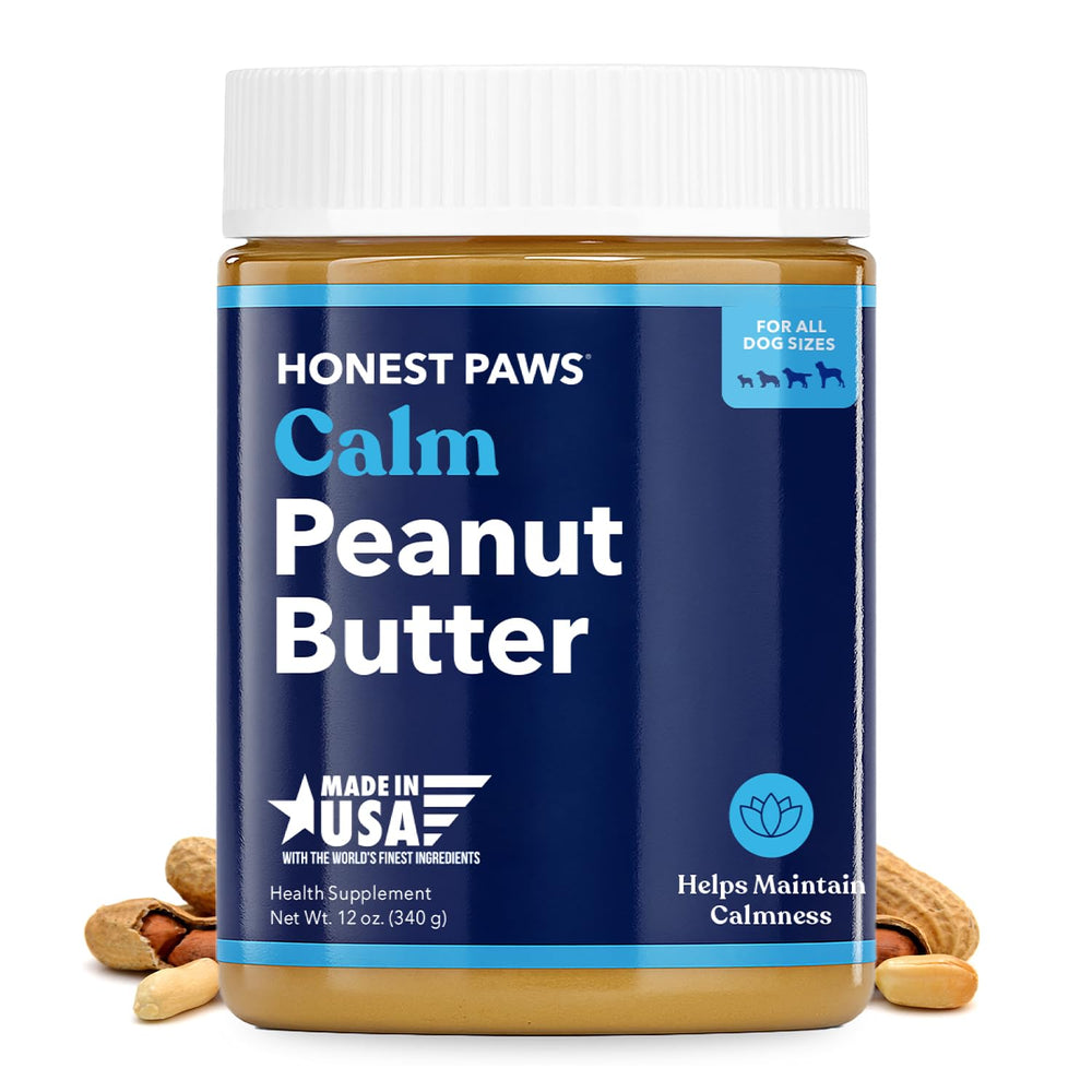 Honest Paws Calming Peanut Butter jar on kitchen counter conveying ready-to-use supplementation.