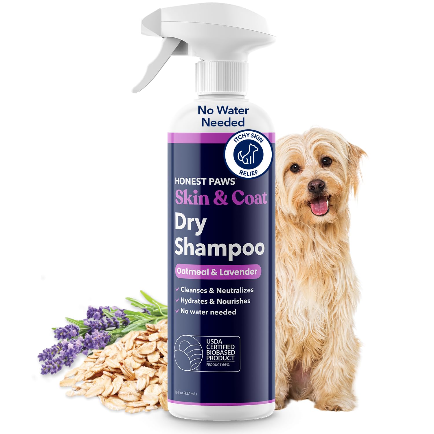 Honest Paws dog dry shampoo bottle front for odor reduction and coat cleanliness