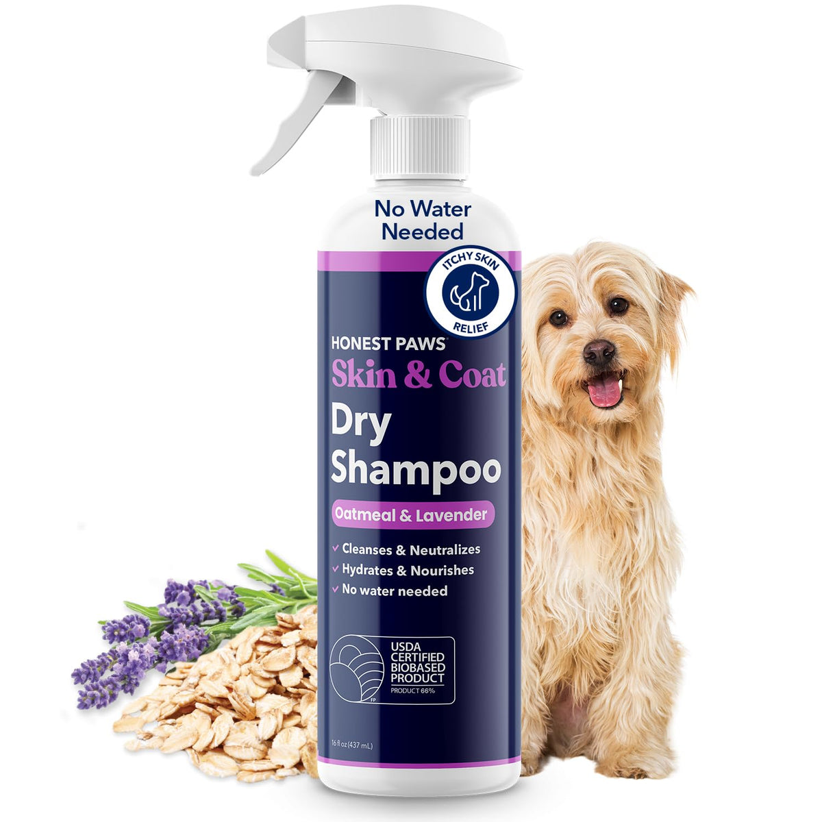 Honest Paws dog dry shampoo bottle front for odor reduction and coat cleanliness