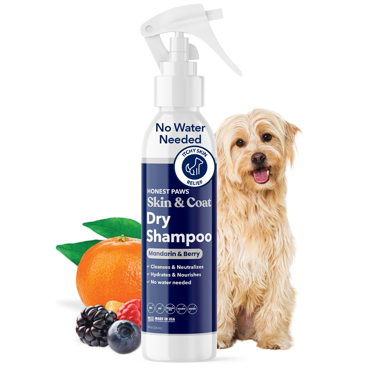 Honest Paws dog dry shampoo bottle—quick waterless cleanse for between baths.