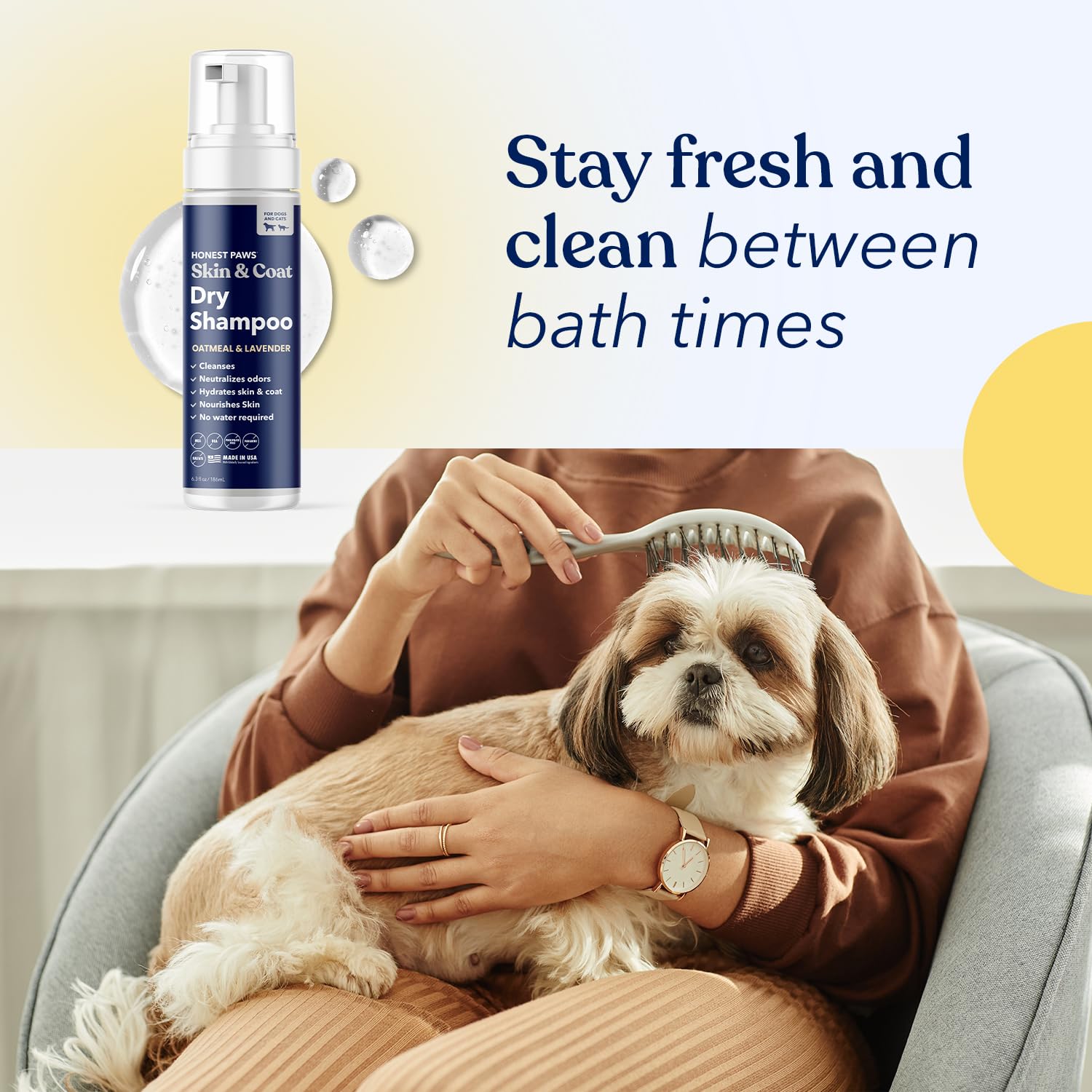 Calming oatmeal lavender scent in Honest Paws dry shampoo.