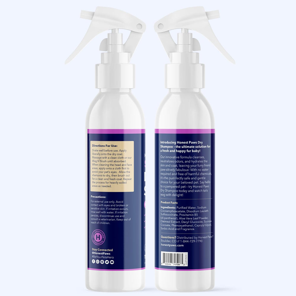 Honest Paws dog dry shampoo closeup of ingredients, free of dyes or parabens