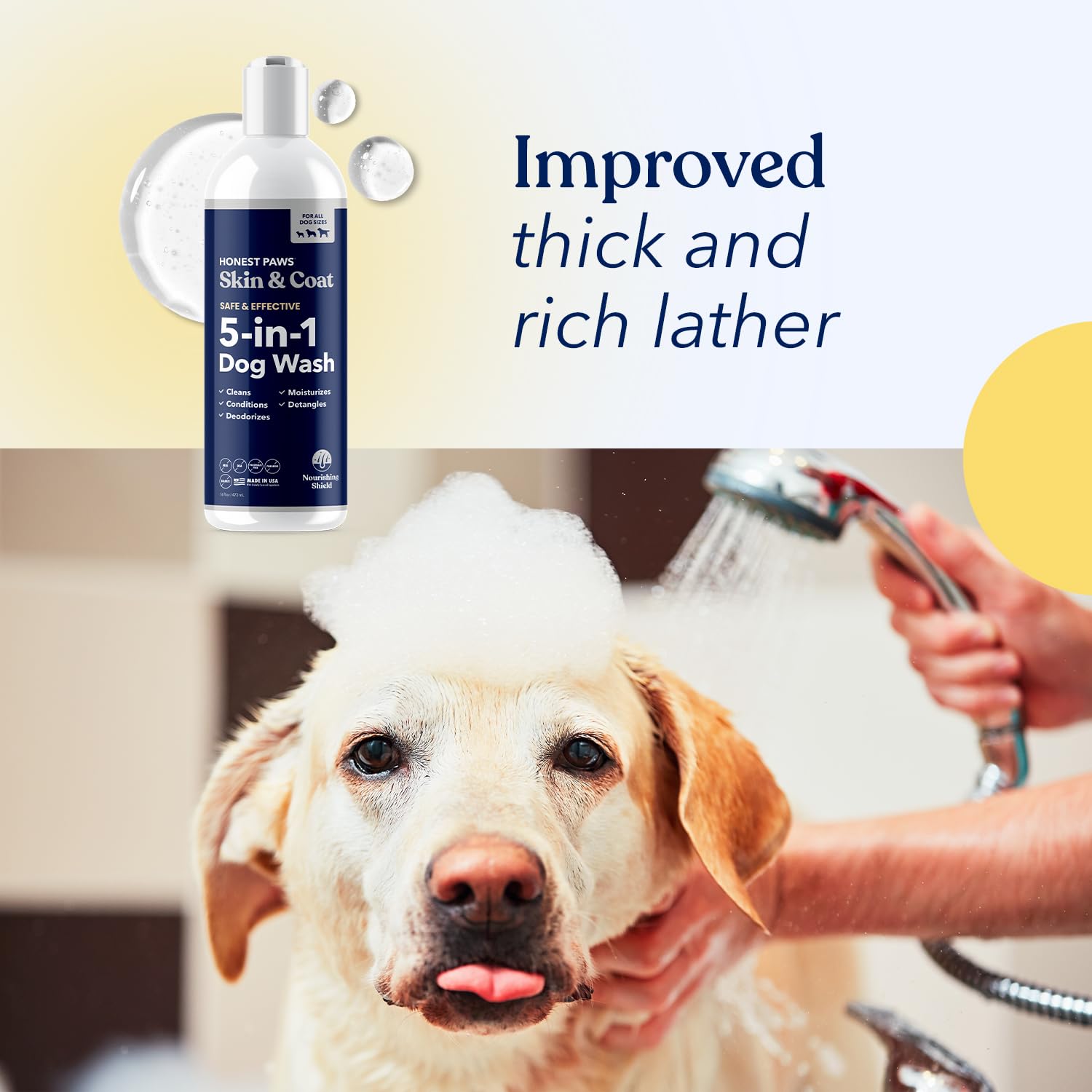 Shower scene with dog enjoying a bath using Honest Paws