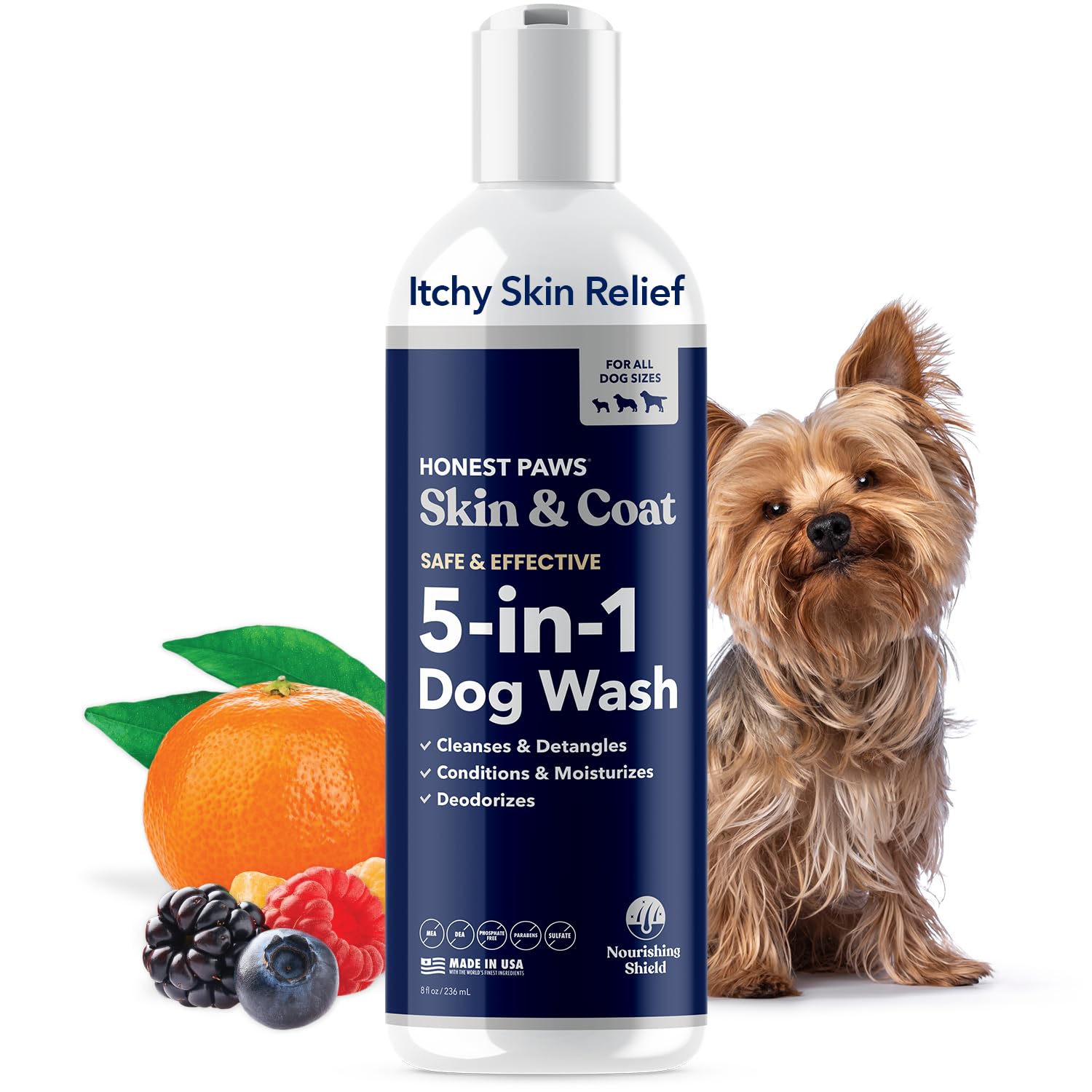 Honest Paws dog shampoo bottle pour highlights premium formula for sensitive skin and comfort