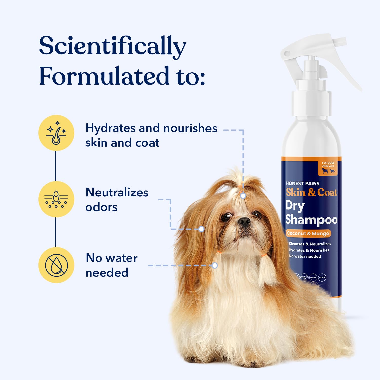 Honest Paws dry shampoo being applied to a dog for a waterless cleanse.
