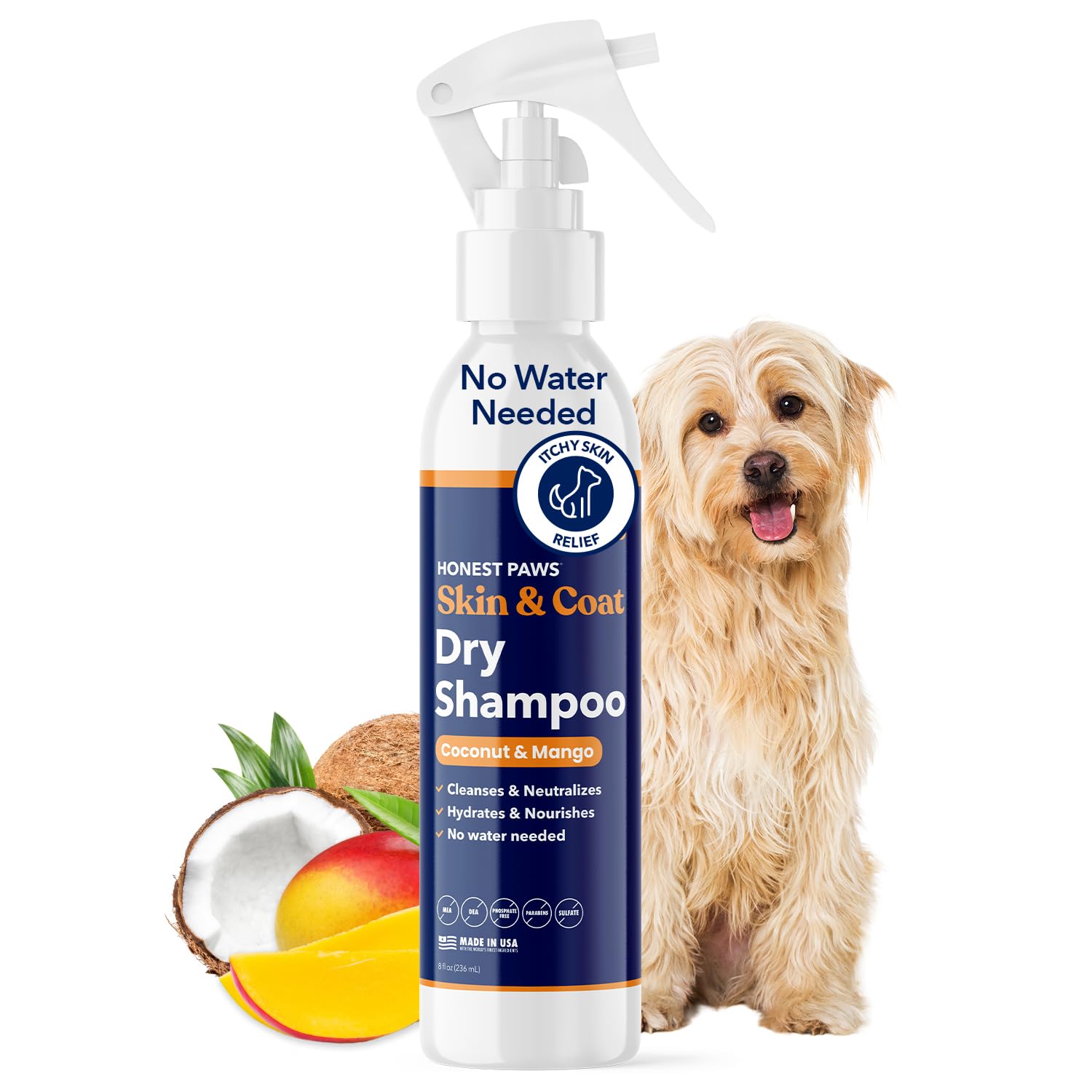 Honest Paws dry shampoo bottle pouring for a quick, waterless cleanse.