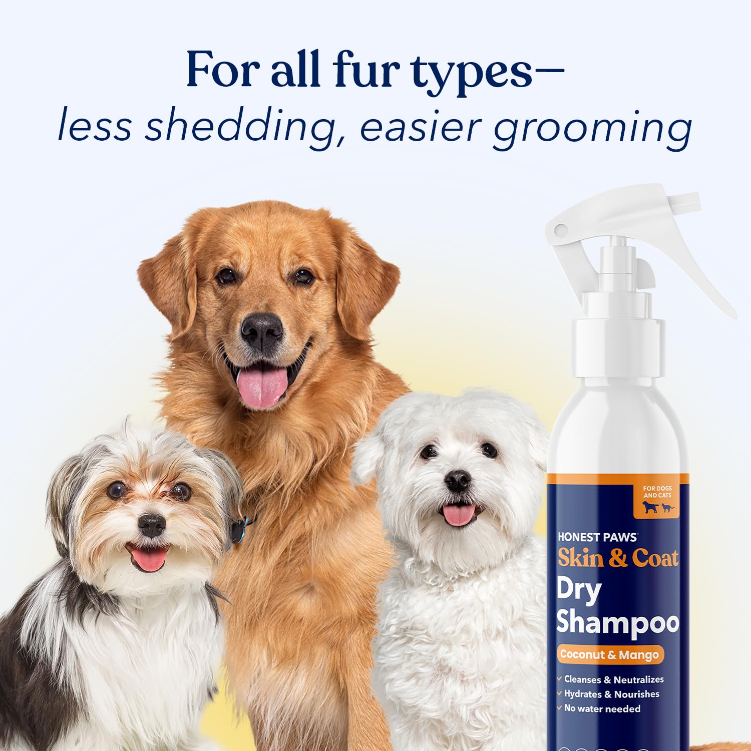 Honest Paws dry shampoo on shelf emphasizes safety for dogs and cats.
