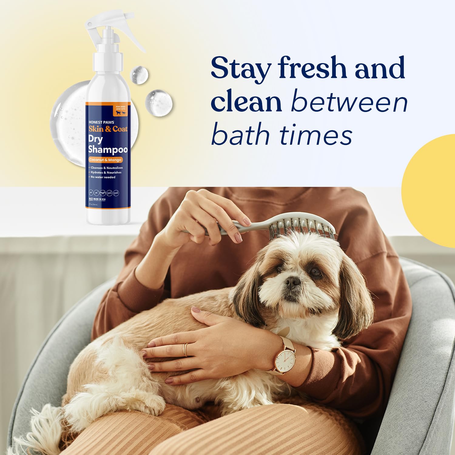 Brushed fur after Honest Paws spray looks smoother and more manageable.