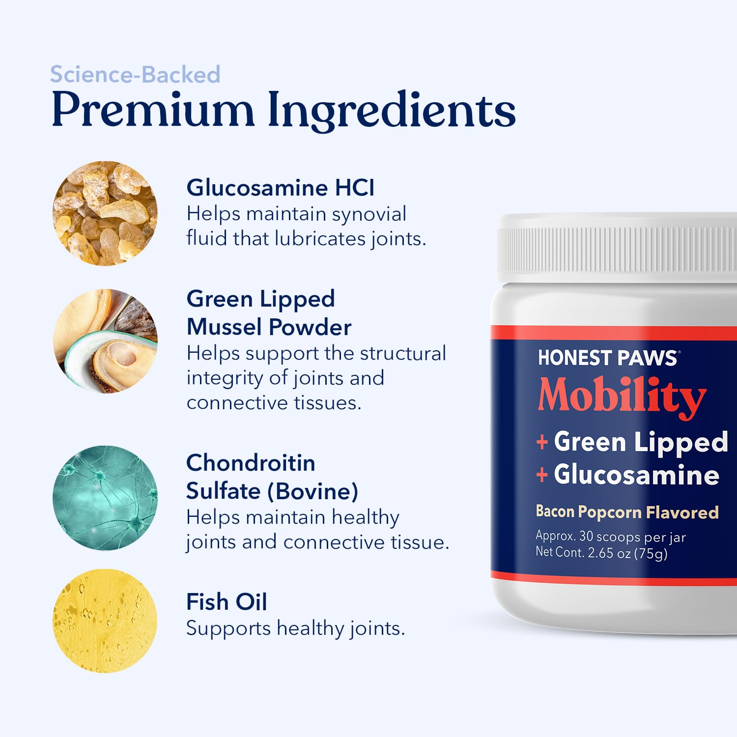 Honest Paws Glucosamine powder dispensing image communicates easy mixing for healthy joints