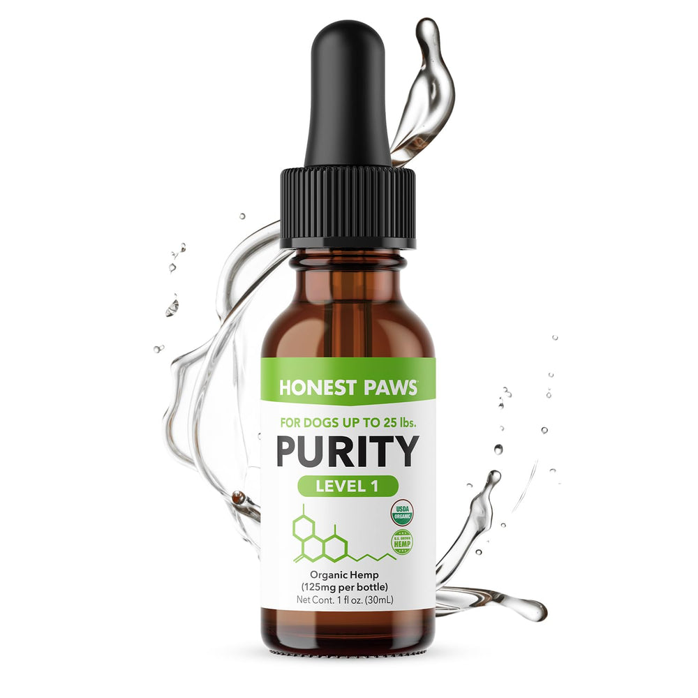 Honest Paws hemp oil for dogs bottle close-up promoting calming support.