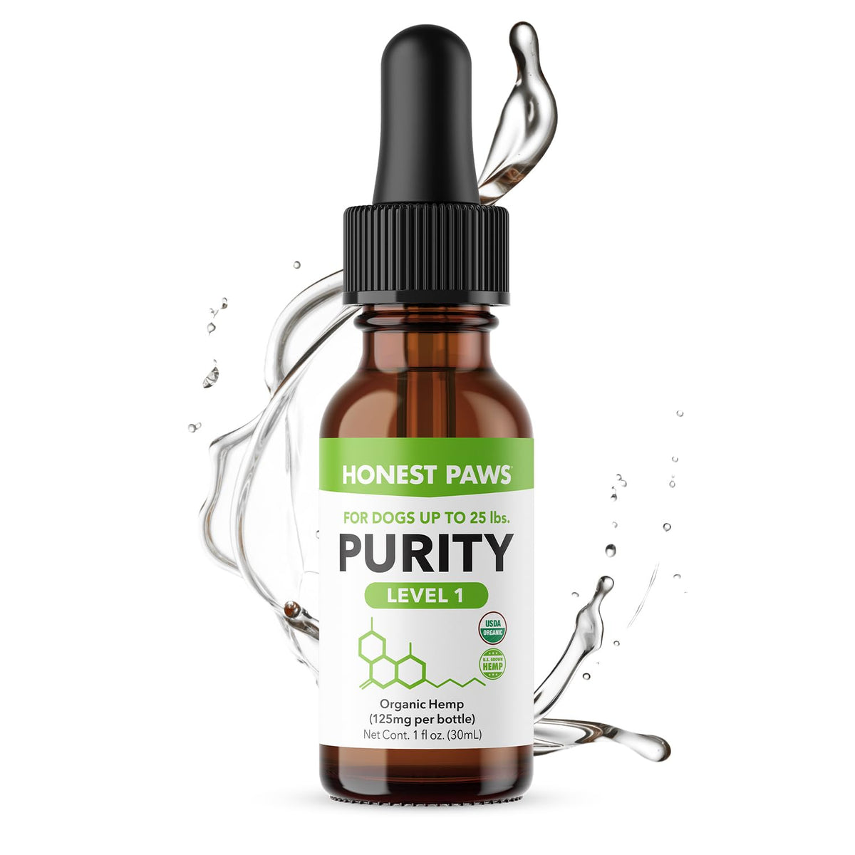 Honest Paws hemp oil for dogs bottle close-up promoting calming support.