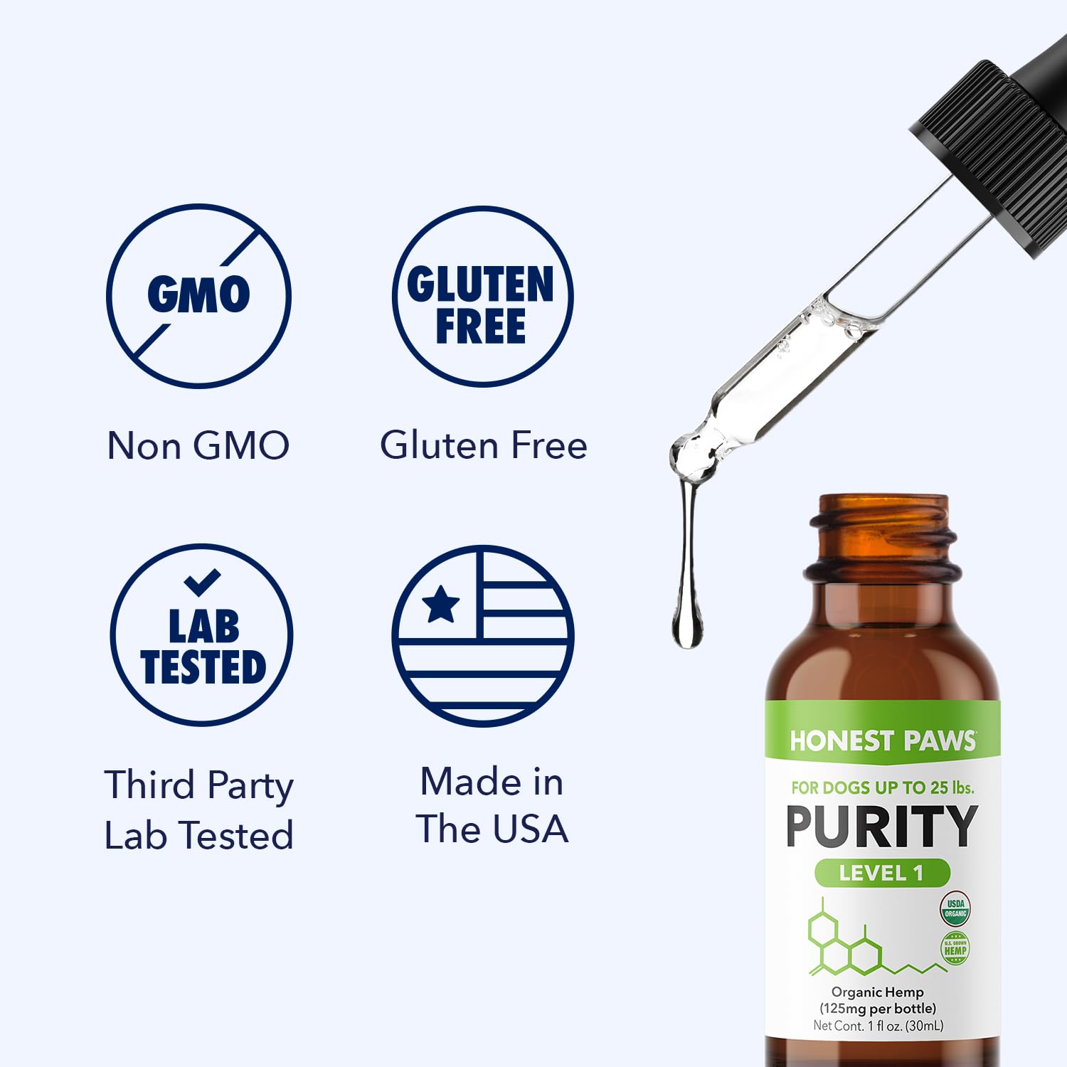 Honest Paws hemp oil packaging front image highlighting USA-made quality.