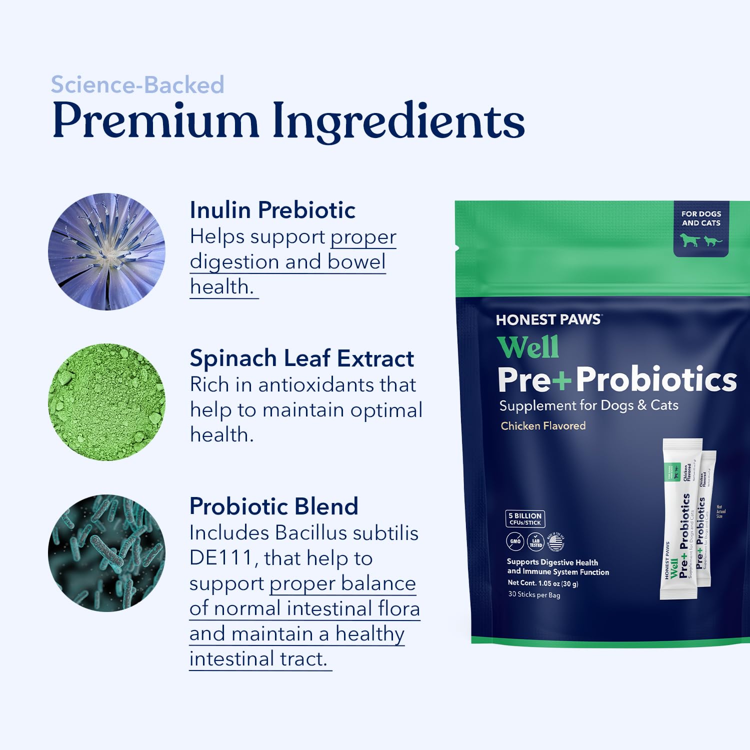 Honest Paws Probiotics in a dog bowl signaling routine gut care
