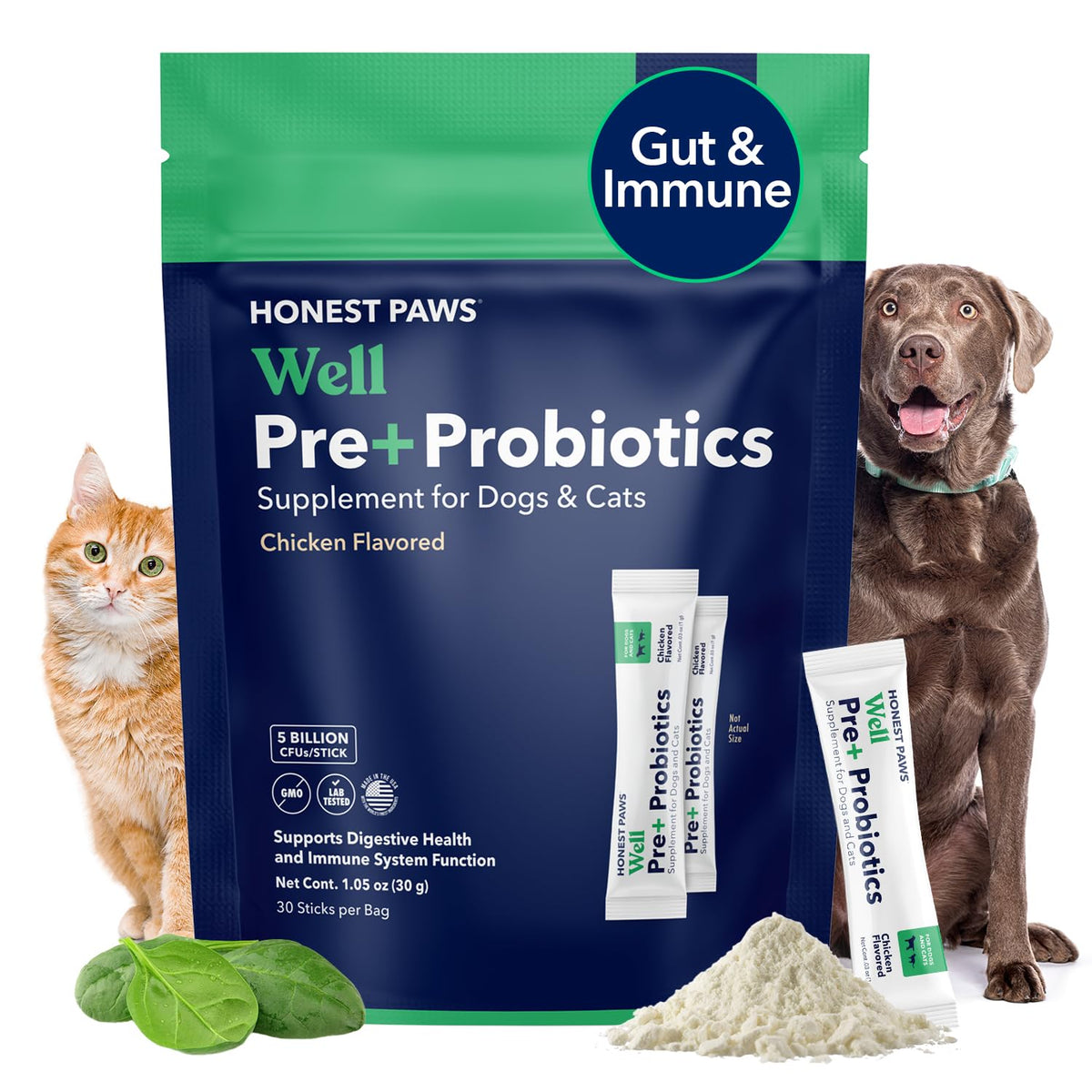Honest Paws Probiotics packaging shows USA made canine digestive support