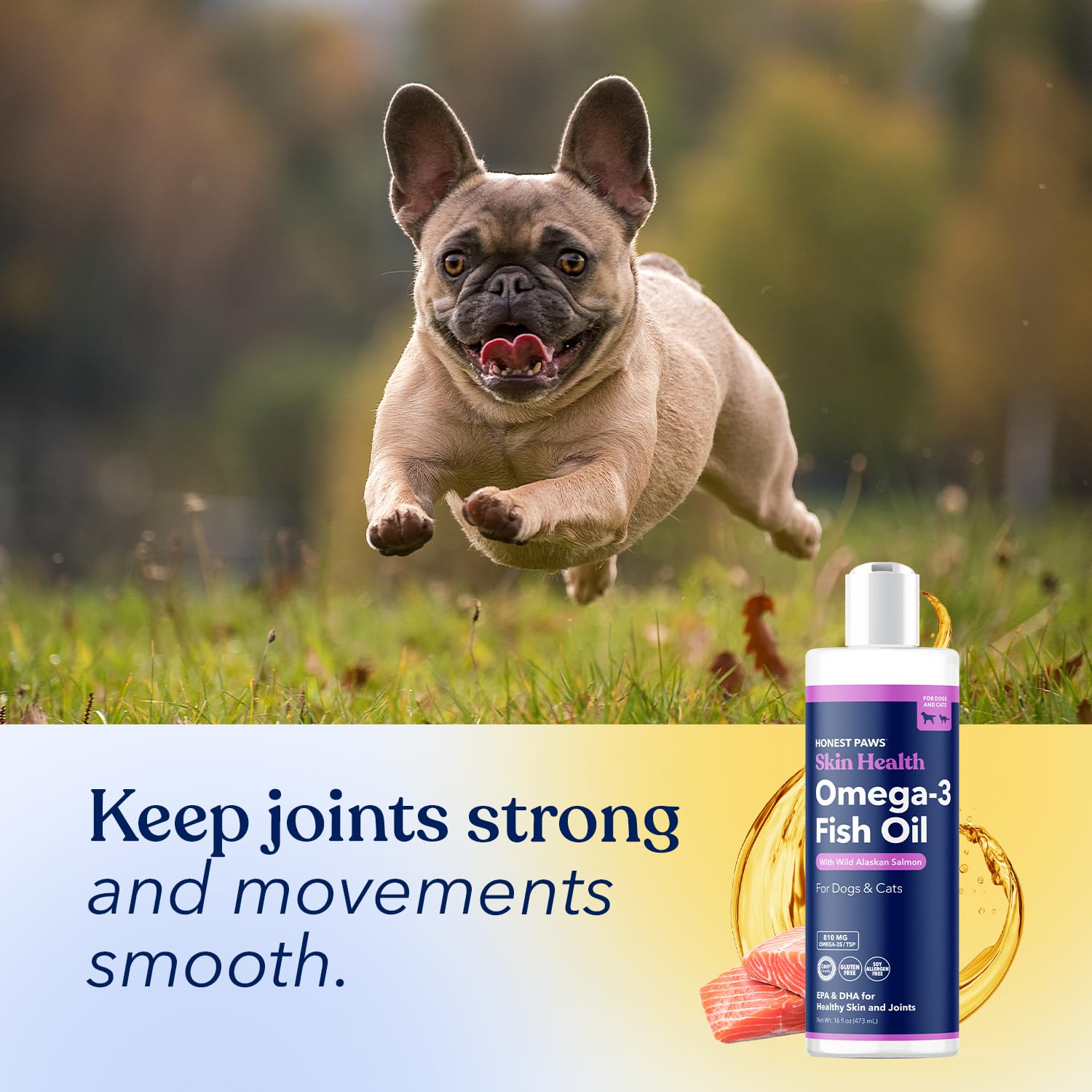 Honest Paws Salmon Oil drops over meal with easy daily dosing