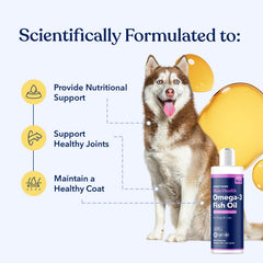 Honest Paws Salmon Oil beside a pet bowl promotes healthy coats and skin