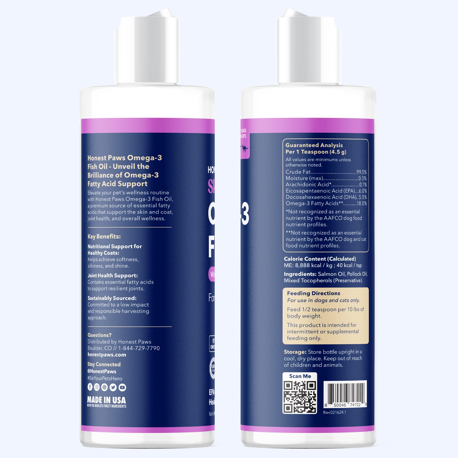 Honest Paws Salmon Oil joint-support label highlights omega-3 benefits for joints and mobility.