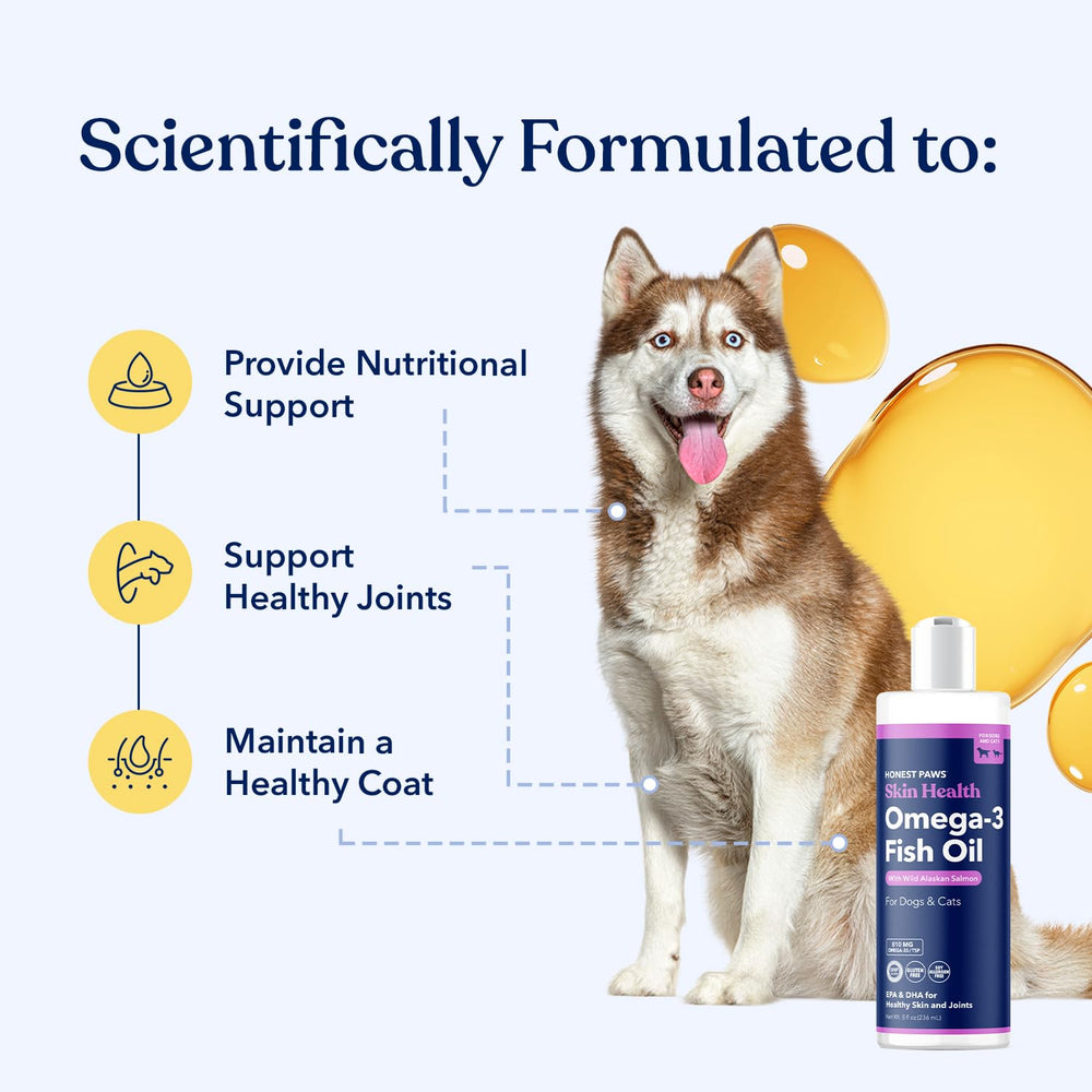 Honest Paws Salmon Oil label highlighting wild Alaskan salmon and omega-3 benefits.