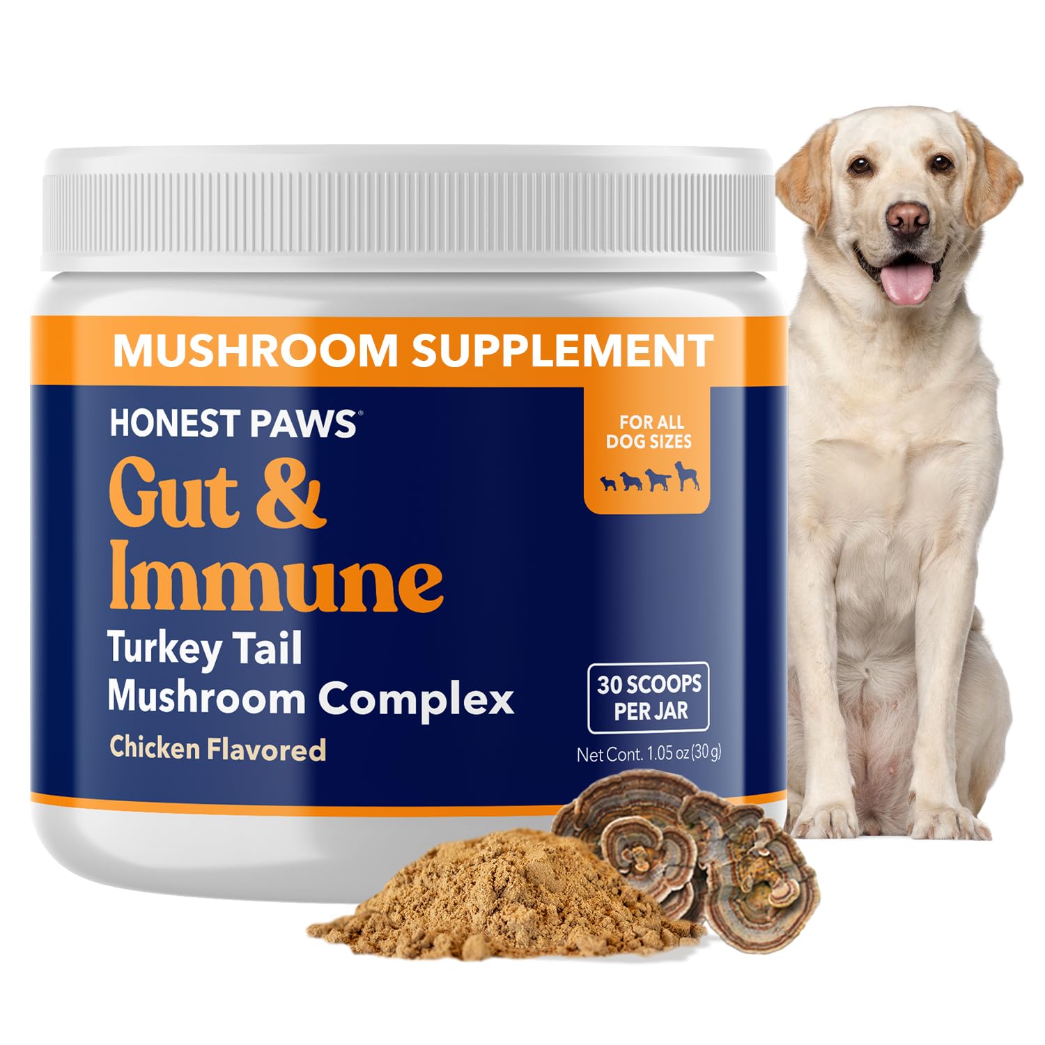 Honest Paws Turkey Tail Mushroom bottle front shows premium immune-support dog supplement