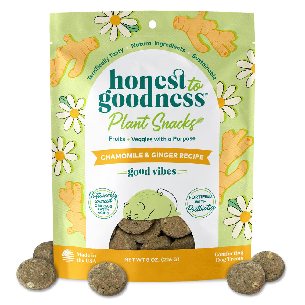 Honest to Goodness Good Vibes chamomile-ginger dog treats bag closeup for calming moments