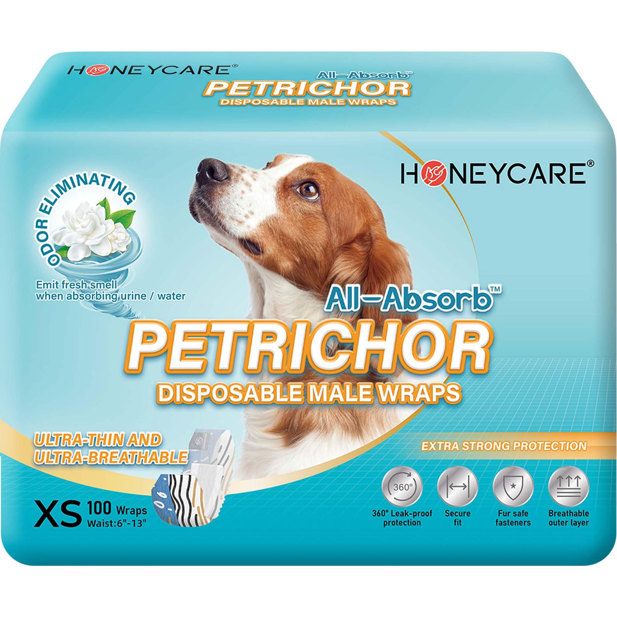 Honey Care All-Absorb Petrichor wrap packaging shows secure fit and odor control.