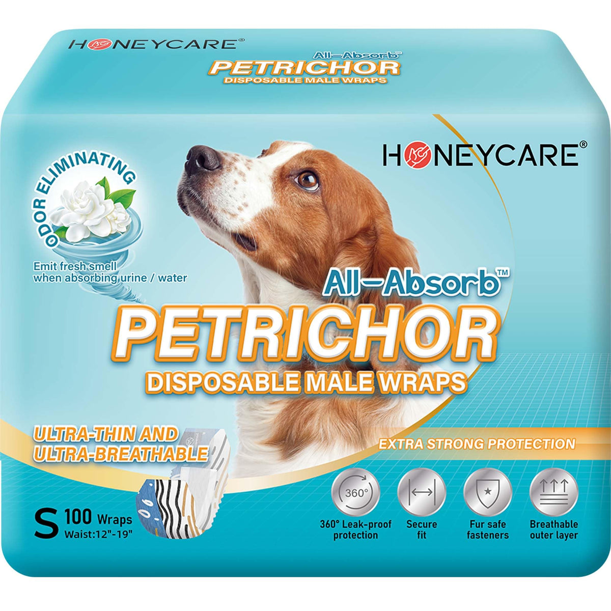 HONEY CARE All Absorb Petrichor wrap on small dog with snug closed waist for dryness.