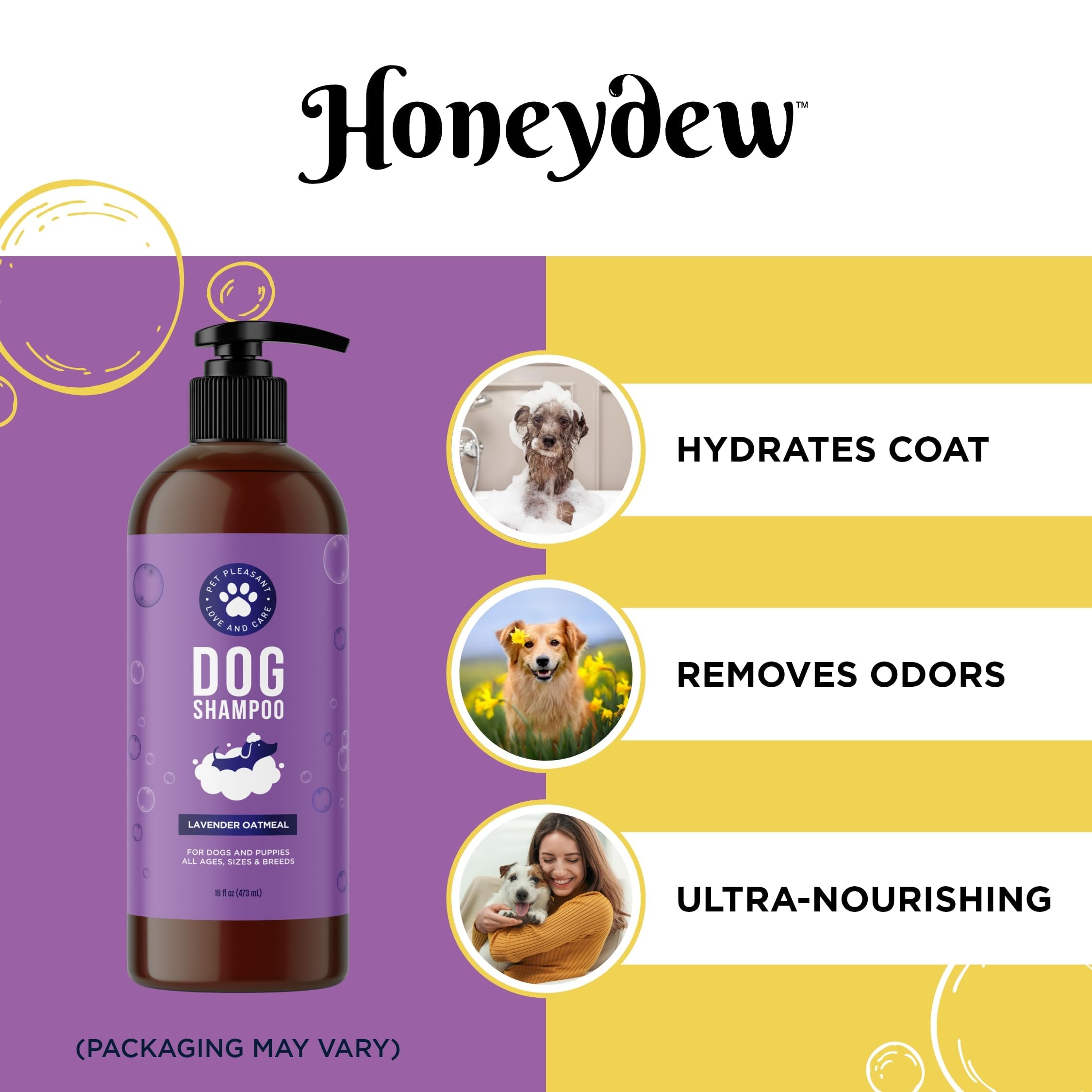 Honeydew cleansing dog shampoo foamy lather on a dog's coat for gentle cleansing