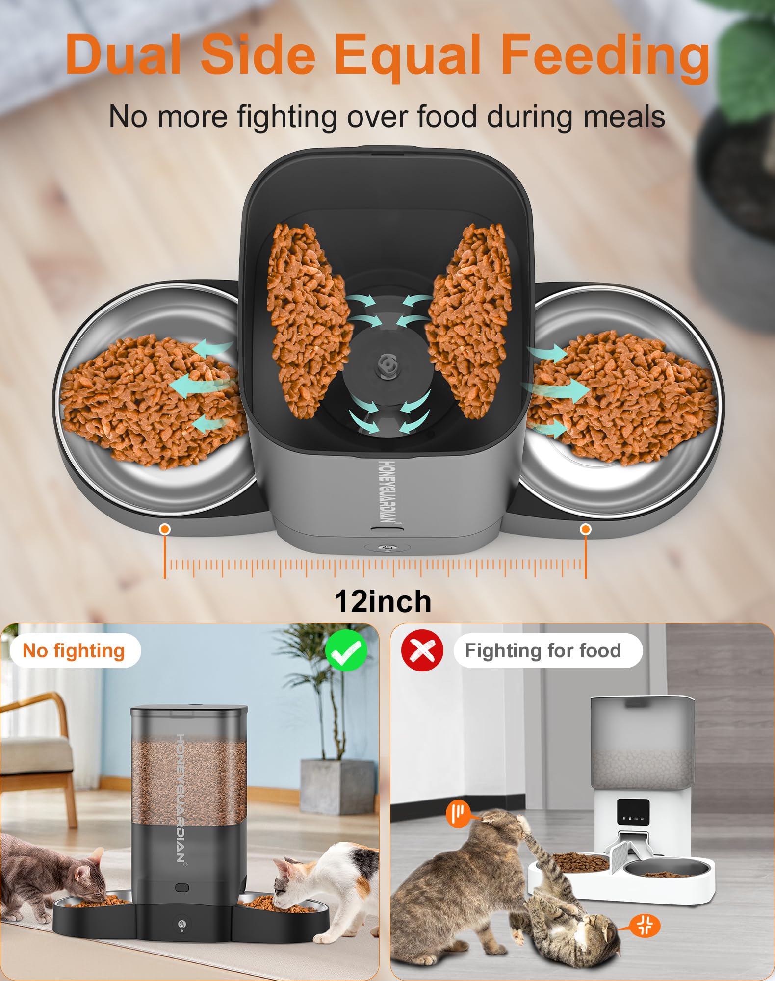 HoneyGuaridan 5L dual-port meal dispense visual demonstrates balanced portions for two pets.