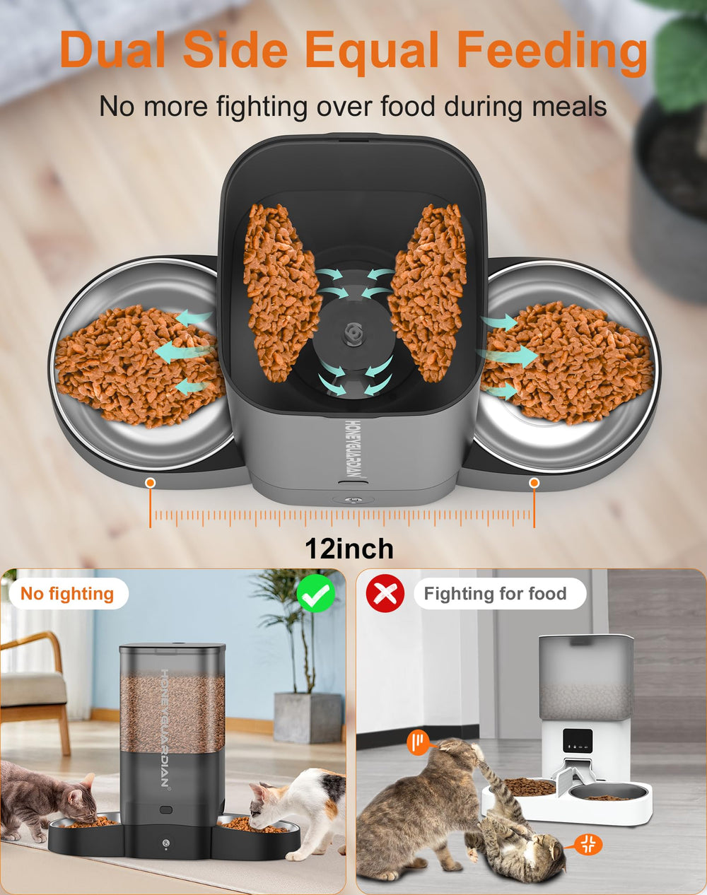 HoneyGuaridan 5L dual-port meal dispense visual demonstrates balanced portions for two pets.