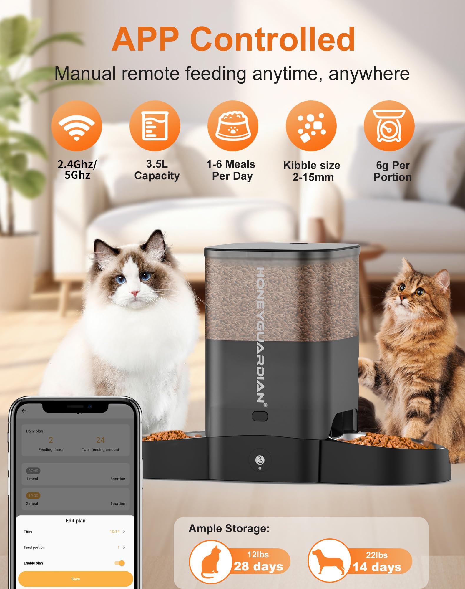 HoneyGuaridan automatic feeder dual-dispensing chute delivers equal portions for each cat.