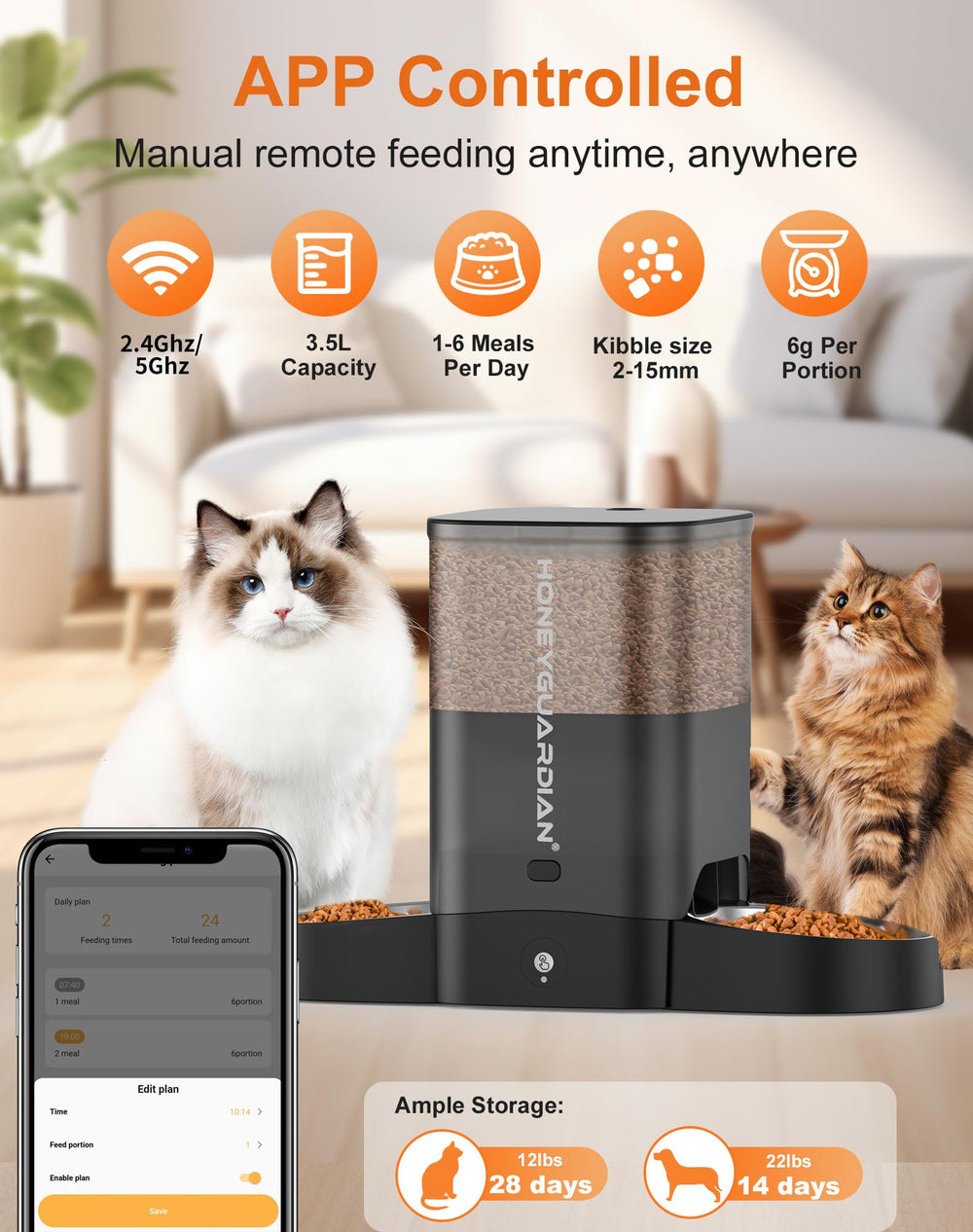 HoneyGuaridan automatic feeder dual-dispensing chute delivers equal portions for each cat.