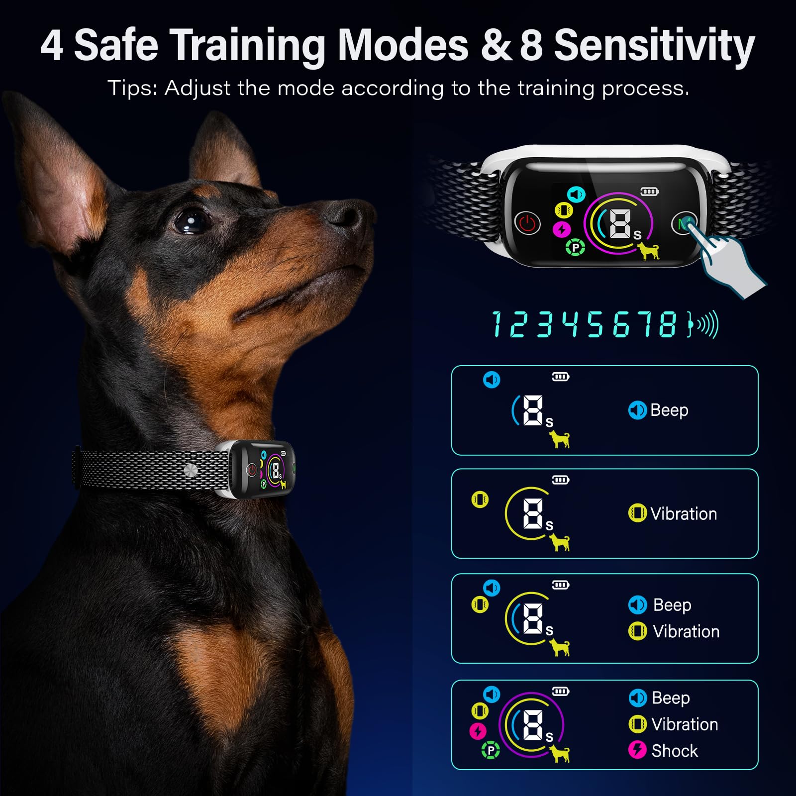 Honeynet bark collar control panel display highlights power level during training.