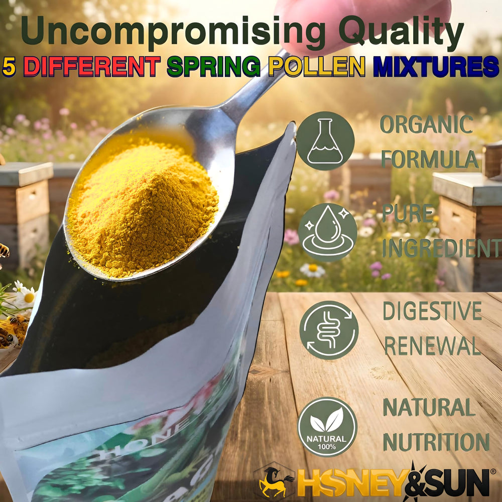 Honey&SUN bee pollen powder jar closeup shows natural ingredients and freshness