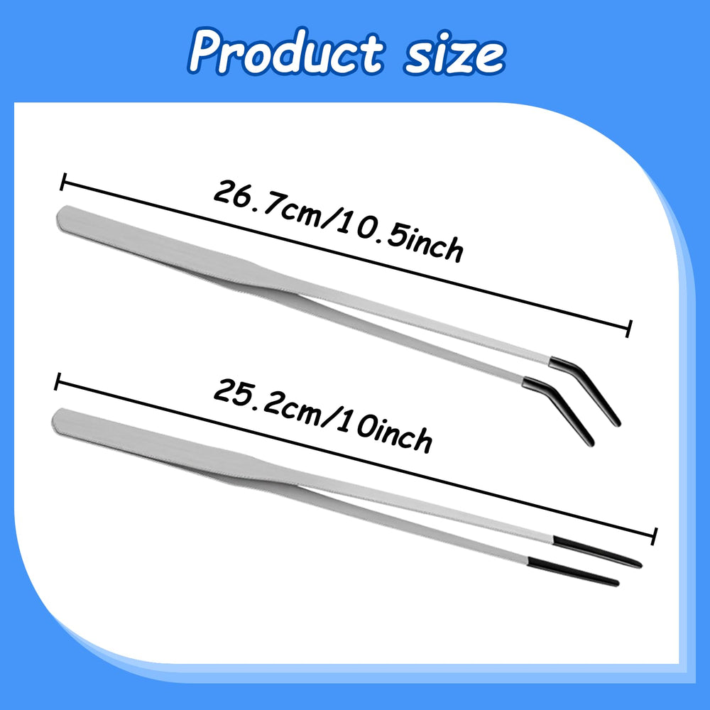 Hongliang 2-pack stainless steel reptile feeding tongs with 10 inch curved design for reaching tight spots.