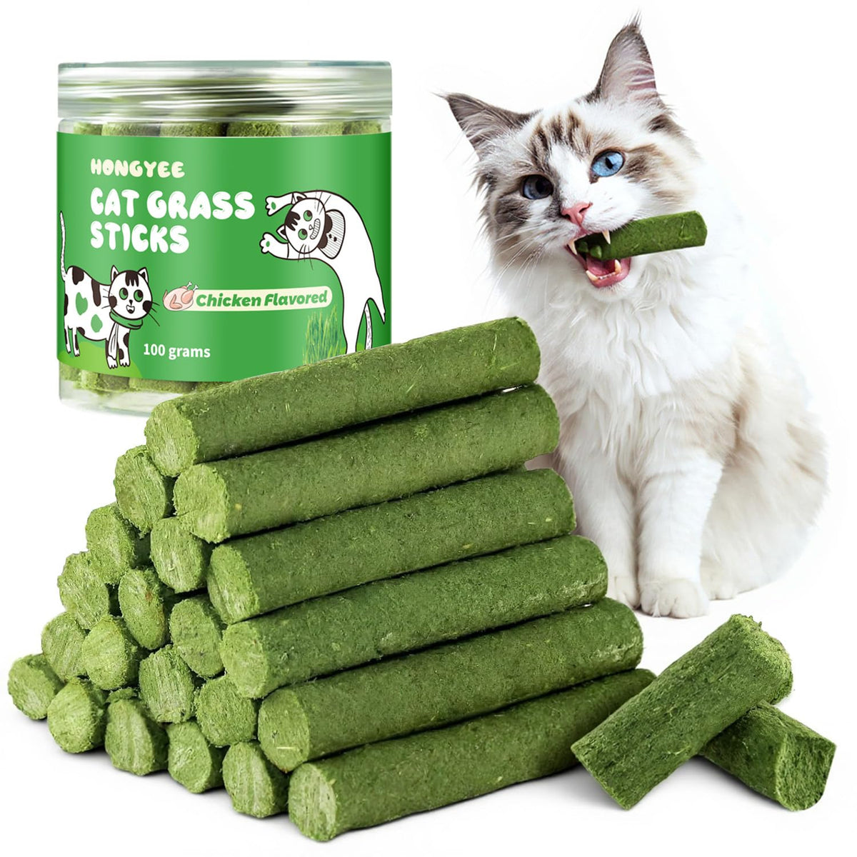 HONGYEE cat grass stick snacks packaging shown for convenient feline treat