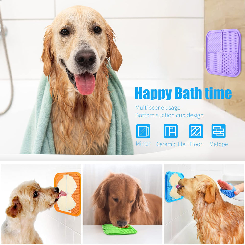 Honomastry lick mat in a bath grooming scene to reduce splashing and encourage calm.