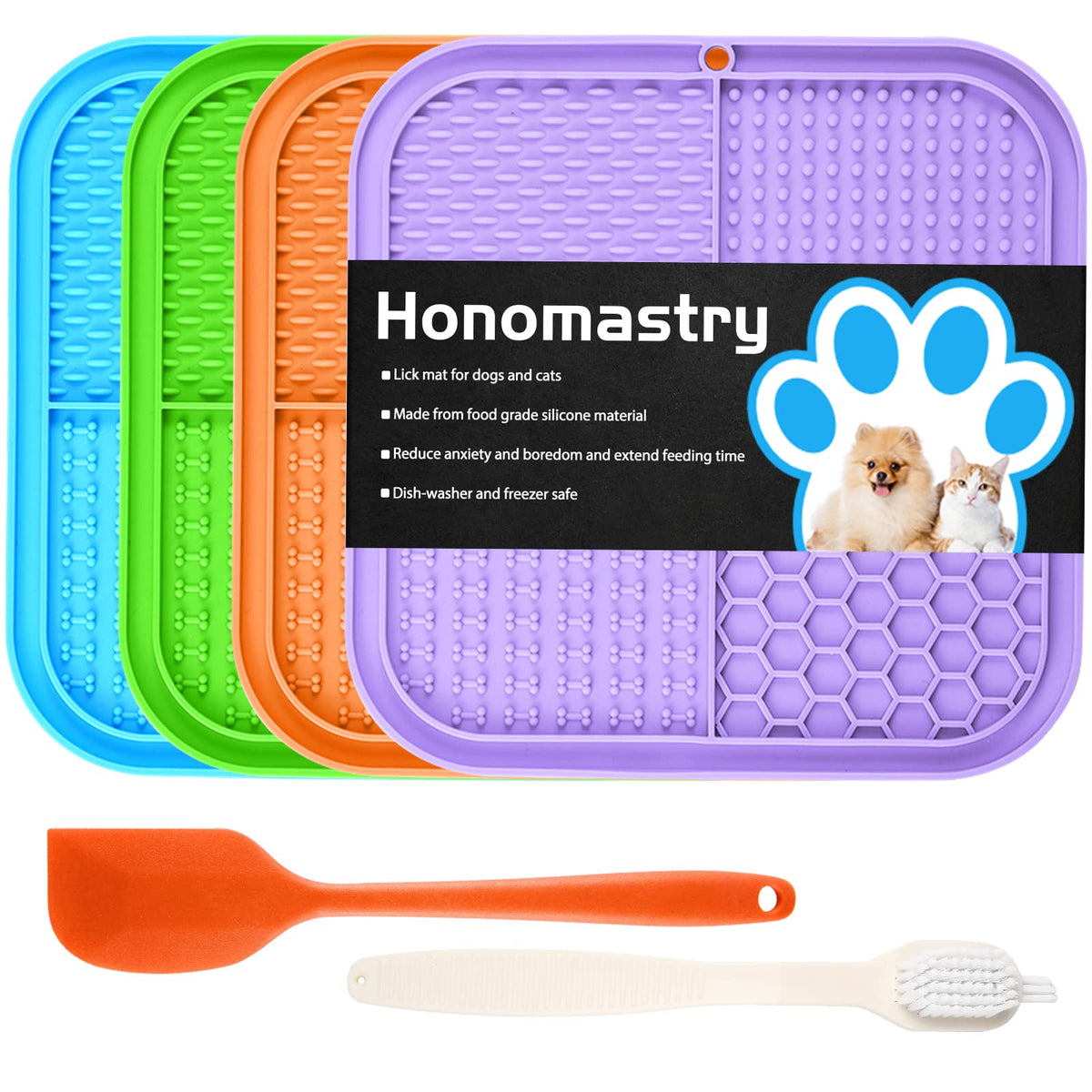 Honomastry lick mat with suction cups on a flat surface for mess-free grooming prep.