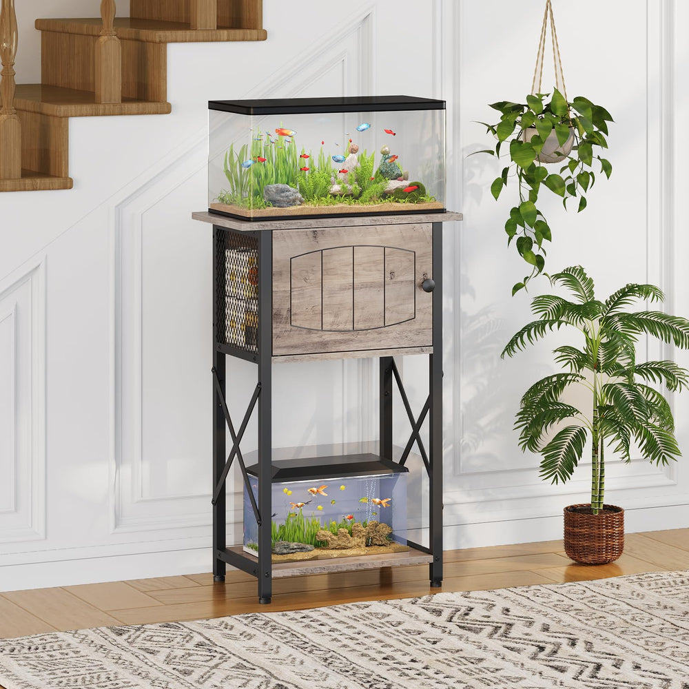 HOOBRO 10-gallon stand cabinet storage view underscores organized fish care supplies
