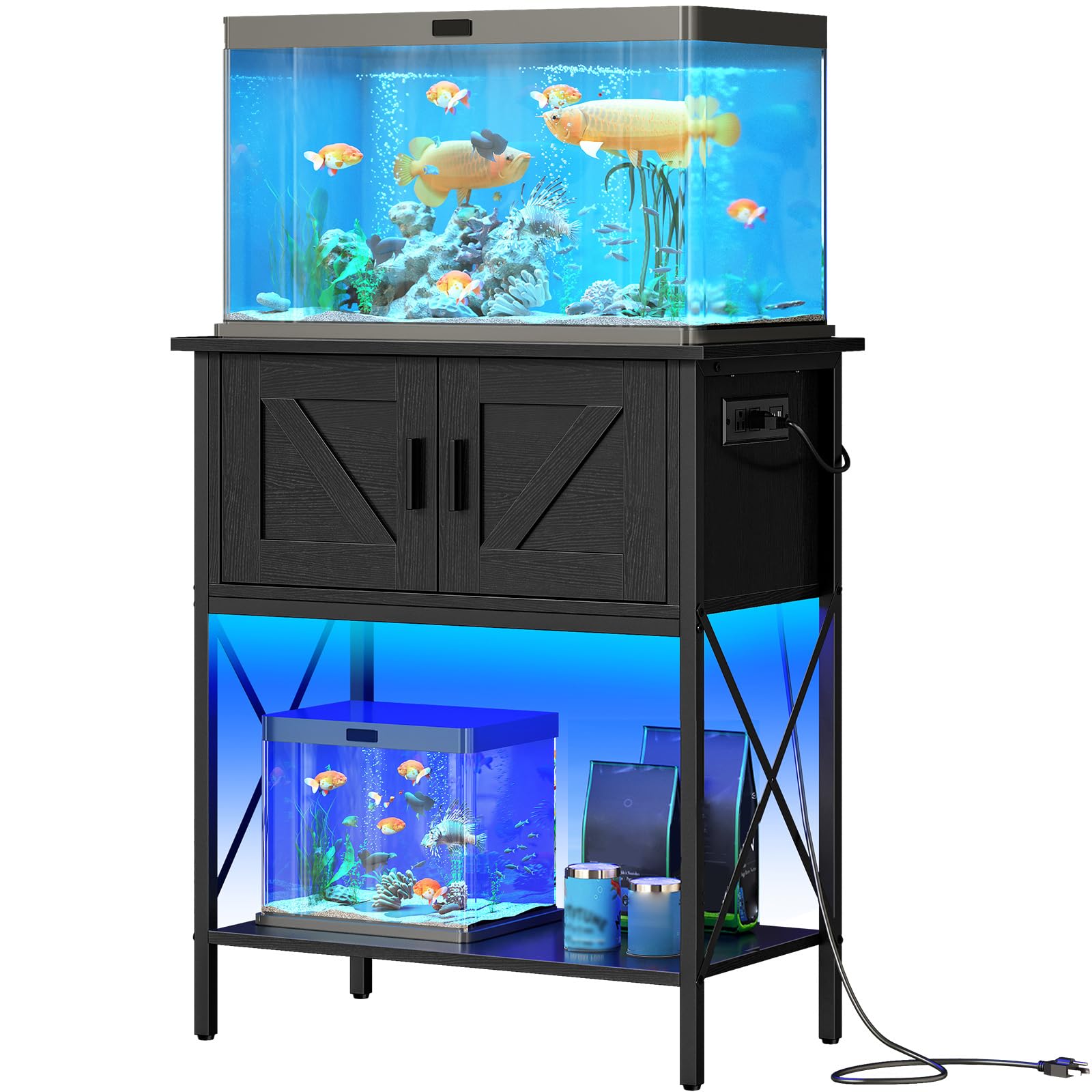 HOOBRO 20-gallon stand with power outlets and LED lighting for easy setup and ambiance.