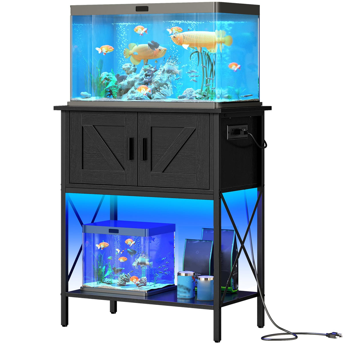HOOBRO 20-gallon stand with power outlets and LED lighting for easy setup and ambiance.