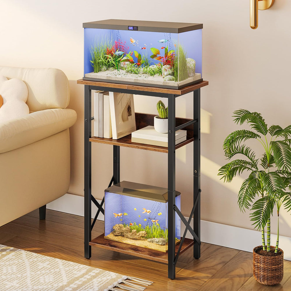 HOOBRO bottom shelf stores a 5-gallon turtle tank for compact habitat organization.