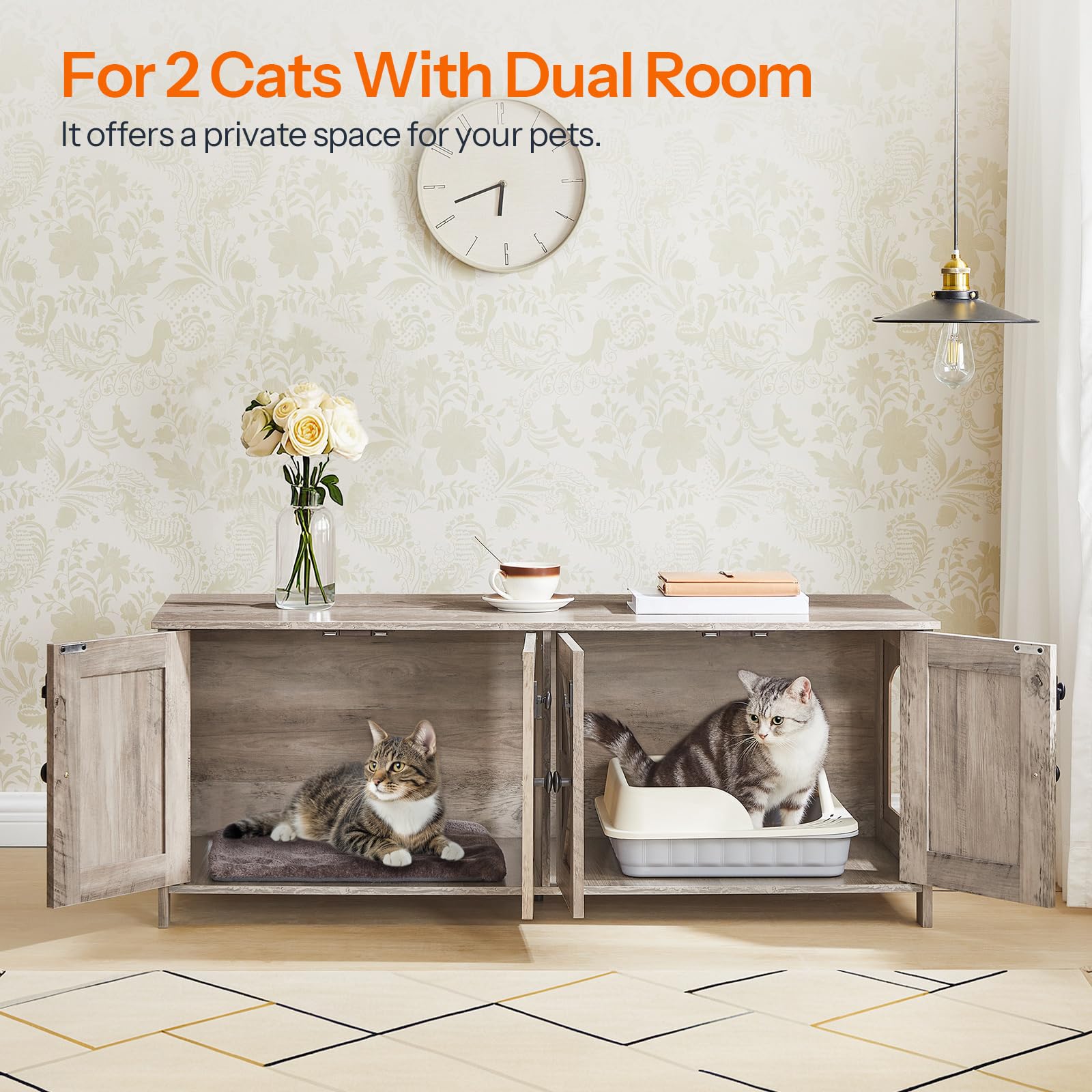 HOOBRO cat litter box enclosure open doors demonstrate easy entry for two cats